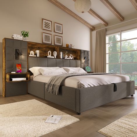 Lit coffre double 180x200 cm-LED-2 liseuses-2 chevets suspendus-USB/USB-C-coffre hydraulique-sommier à lattes-lin gris-sans matelas (1/5)