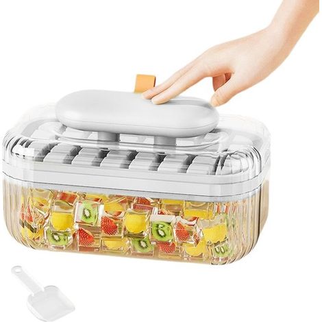 Bandeja para cubitos de hielo con botón pulsador y caja de almacenamiento hermética,32 compartimentos,apta para alimentos,con pala para hielo (1/5)