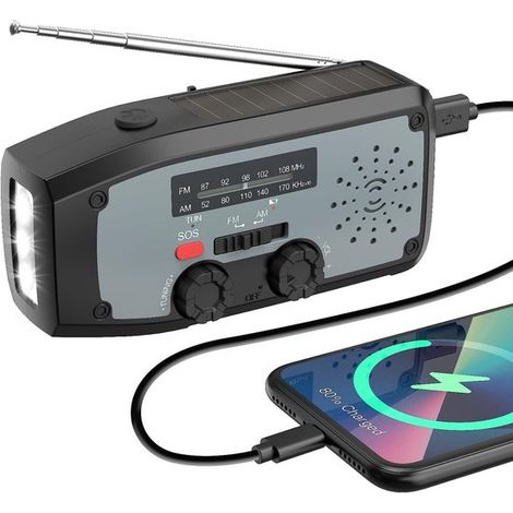 Radio portátil de emergencia，Batería externa de 2000 mAh，Cable USB-C，Equipado con LED，Negro (1/5)