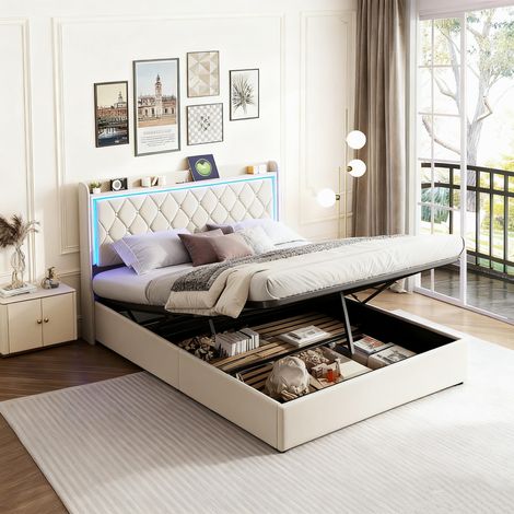 Lit coffre 140x200, lit adulte, lit double rembourré, avec USB et Type-c, LED orientable, velours, beige (1/5)