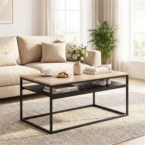 Table Basse avec Étagère - 100x59.8x47cm - Table de Salon Style Industriel Moderne avec Rangement - Chêne (1/5)