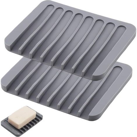 Jabonera de silicona (2 piezas), Antideslizante, Con desagüe, estropajos, cepillos para platos, vasos, maquinillas de afeitar y jabón, Gris (1/5)