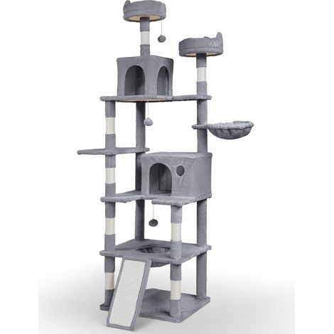 Arbre à Chat Géant avec Griffoir Arbre à Grimper pour Chat Centre d’Activités avec 2 Niches et 3 Plateformes pour Félins Accessoires Inclus Hauteur 215 cm Gris (1/5)