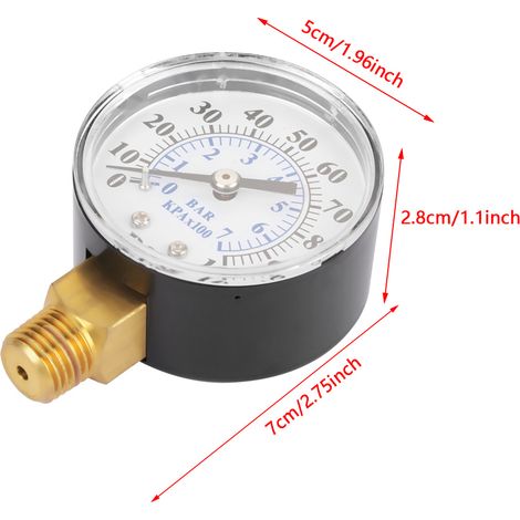 Manometer (0–100 psi / 0–7 bar) für Wasser, Luft und Öl, Messuhr, Messplattform und NPT 1/4"-Anschluss (1/5)