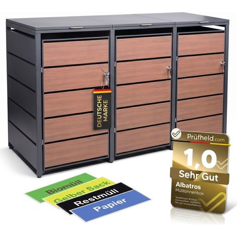 Mülltonnenbox 3er Holzdekor, 120L bis 240L, für Drei Tonnen, Mülltonnenverkleidung aus verzinktem Metall mit Holzdekor-Front (1/5)