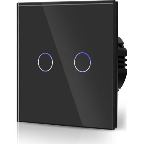 Interrupteur Tactile Normal Commutateur d'éclairage Mural Compatible avec la lumière LED Écran Tactile en Verre 110V-240V Plaque de Cristal Trempé avec Rétroéclairage Bouton 2 Gang 2 Voie Noir (1/4)