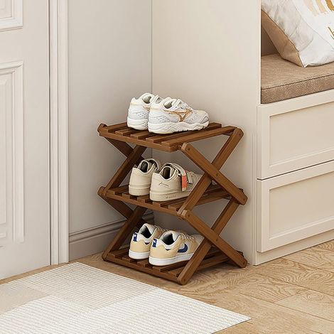 Organisateur de chaussures d'entrée en bambou - Étagère à chaussures étroite et pliable pour petits espaces, couloir, placard, finition noyer - Étagère de rangement à 3 niveaux (1/5)