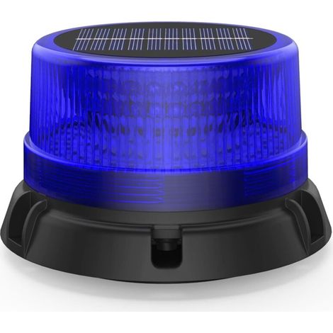 Feu tournant LED bleu pour voiture Énergie solaire et batterie rechargeable IP65 étanche Aimant puissant 2 modes de clignotement Feu d'avertissement pour véhicules utilitaires, construction, agri