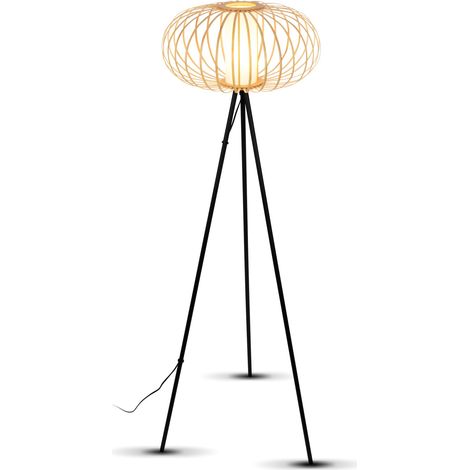 Lampadaire en bois, boho, déco chambre, noir-bois, douille E27 (1/5)
