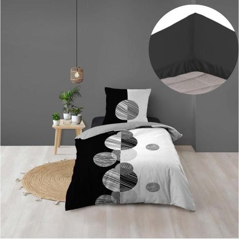 Pack housse de couette enfant 140 x 200 cm Stormi + drap housse 90 x 190 Noir (1/5)