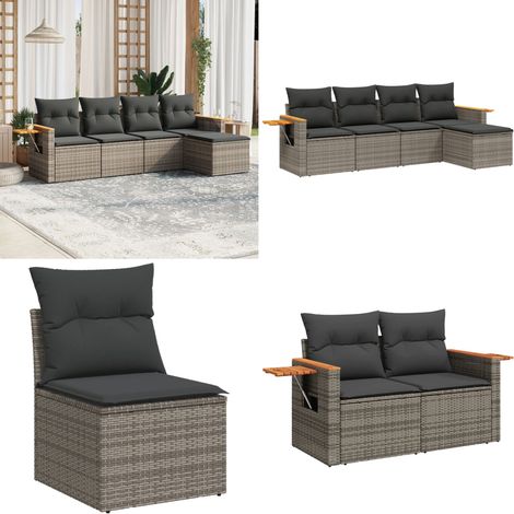 5-tlg. Garten-Sofagarnitur mit Kissen Grau Poly Rattan - Gartensorganisation - Outdoor Möbel - Gartenlounge - Lounge Set - Rattan Gartenmöbel - Home & Living (1/5)