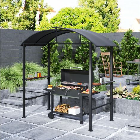 Pavillon de barbecue avec double toit et étagères, 233 x 110 x 235 centimètres, structure en acier, gris foncé (1/5)