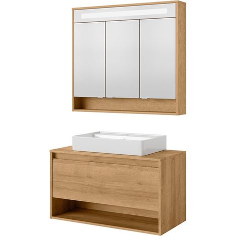 FACKELMANN NATURA Badmöbel Set 3 Teile / Keramik Waschbecken / Waschbeckenunterschrank mit Schublade / LED Spiegelschrank mit 3D-Effekt / Soft-Close-System / Korpus & Front: Braun / Breite: 94 cm"-"79 (1/5)