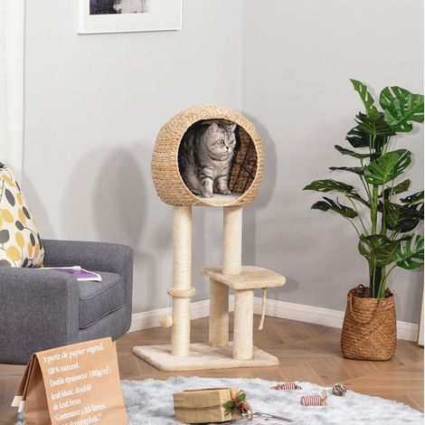 Arbre à chat avec niche 48x40x100 cm MDF beige sisal et balle suspendue - CHICFURN (1/5)