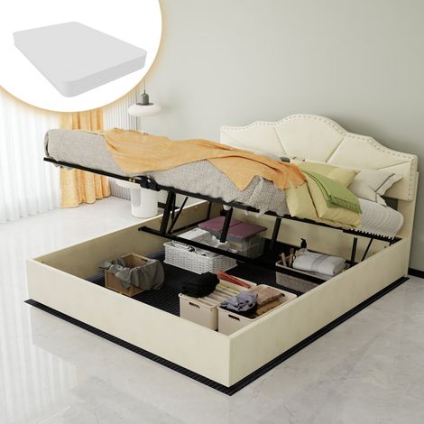 Cama canapé moderna tapizada beige 160x200 cm con cabecero geométrico, somier de láminas y colchón incluido