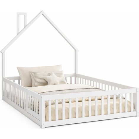 Lit Cabane Lit Double avec Barrière, 140×200 cm, sans Matelas, en Pin et MDF, Blanc (1/5)