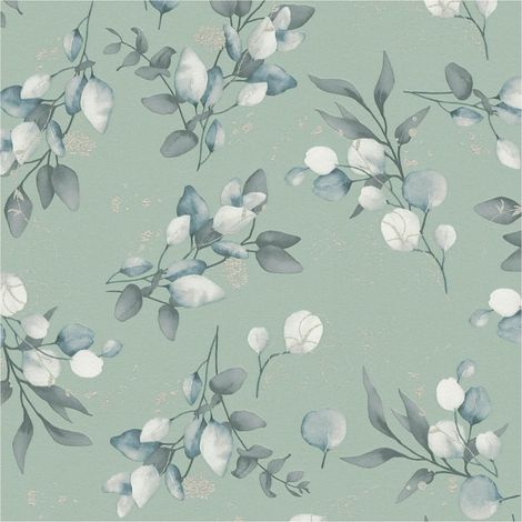 Country style wallpaper wall Profhome 397687 non-woven wallpaper smooth with floral ornaments and metallic highlights green mint silver white 5.33 m2 (1/5)