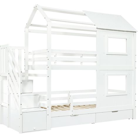 Litera infantil 90 x 200 cm blanca con escalera de almacenaje y cajón con ruedas (1/5)