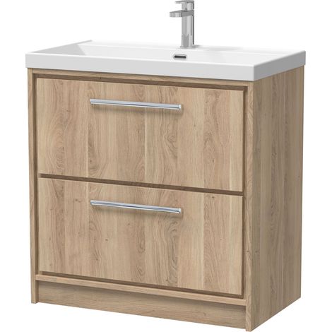Longnor 2 Drawer Floor Standing Vanity Unit with 1 Tap Hole Thin Edge Basin, Light Oak, 800mm