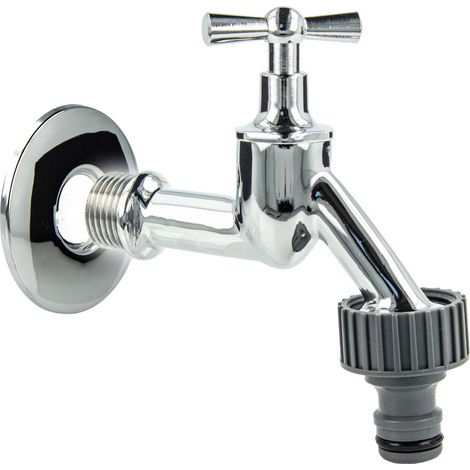 tecuro Auslaufventil 1/2 Zoll, Knebeloberteil, Steckkupplung, Wandrosette, Dichtband - Messing hochglanzverchromt