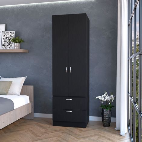 TUHOME Armario alto Mayer en melamina con dos puertas y dos cajones, Negro Altura: 195 cm Ancho: 59,2 cm Profundidad: 49,5 cm (1/5)