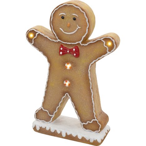 ECD Germany Figura de pan de jengibre con luz LED decoración de navidad 75 cm muñeco de galleta con pajarita, con funcionamiento a pilas, adorno de interior con base estable e iluminación integrada (1/5)
