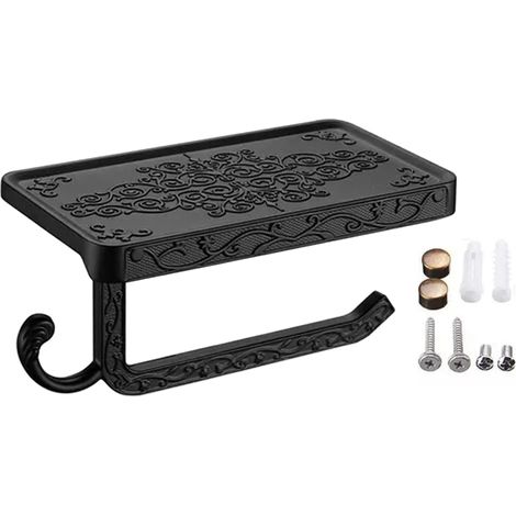 Porte-rouleau de papier toilette noir avec étagère de rangement pour téléphone, en aluminium style vintage, pour salle de bain, noir (1/5)