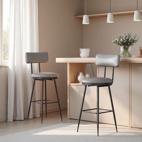 Set aus 2 Barhockern - Höhe 65cm - Ergonomische Rückenlehne - Wasserfester PU-Sitz - Grauer Metallrahmen