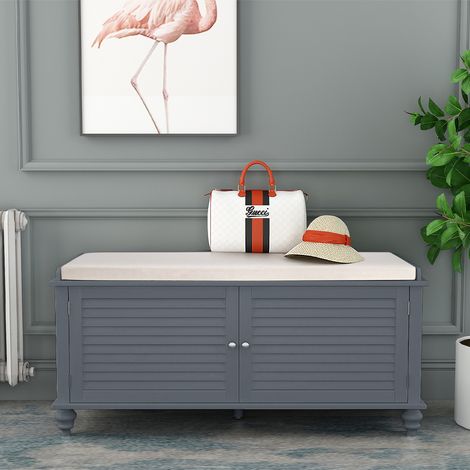 Grey Shutter Door Shoe Cabinet Storage Bench (1/5)