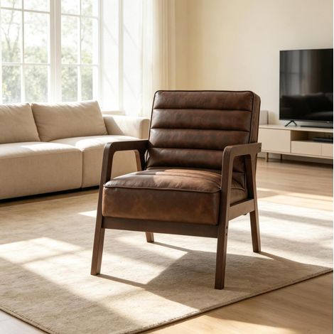 Wohnzimmersessel 64 x 86 x 79 cm aus Holz und braunem PU mit Armlehnen – MEUBLIV (1/5)