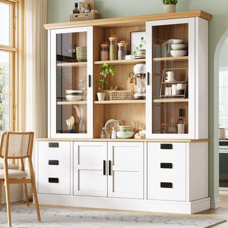 Armoire de cuisine haute avec 6 grands tiroirs, portes vitrées, dispositif anti-basculement et rails métalliques, 140 x 185 cm, meuble de rangement pour cuisine et salle à manger