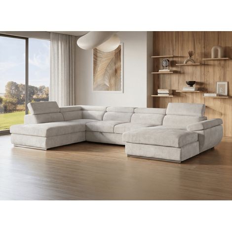 Canapé panoramique convertible avec coffre en velours chiné beige (1/5)