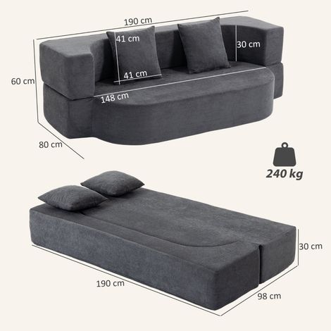 Canapé convertible en mousse haute densité, assise spacieuse, gris anthracite, sans cadre, matelas épais, idéal pour petit espace, lit d'appoint, 2 en 1, confort moelleux, style nordique. (1/5)