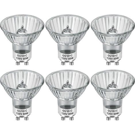 Packung mit 6 GU10 120V 50W Halogenlampen für Beleuchtungsschienen und Dunstabzugshauben, Kerzenform, mit Dimmer. (1/5)