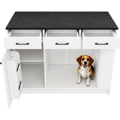 Îlot de cuisine avec 3 tiroirs, étagère réglable et espace rangement pour animaux, 120 x 60 x 90 cm, blanc (1/5)
