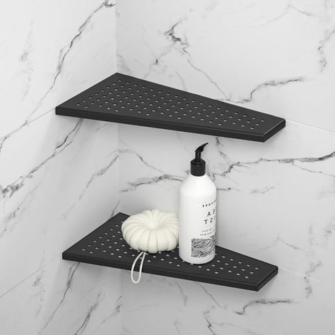 Étagère d'angle pour douche en acier inoxydable 304 sans perçage pour salle de bain - Support pour shampooing - Forme trapézoïdale avec trou carré - 305  155 mm, Noir - 2 pièces