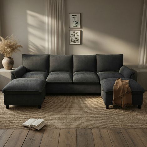 Canapé d'angle en U, avec assise profonde, équipé de 2 repose-pieds amovibles, dossier haut,gris (1/5)