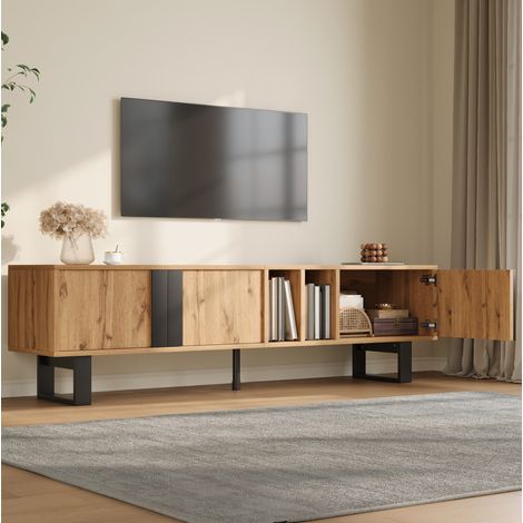 Meuble TV asymétrique 160x40x50 cm avec 3 portes, 2 espaces ouverts, passe-câbles, bois naturel et pieds noirs (1/5)