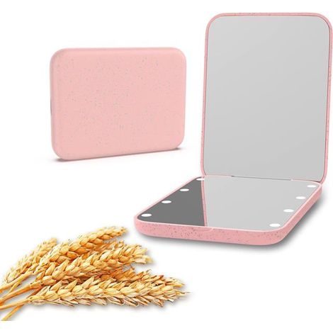 Ecleanfy - Miroir de poche pliable, alimenté par des piles écologiques, grossissement x2, avec 8 lumières LED, pratique pour les retouches. (1/5)