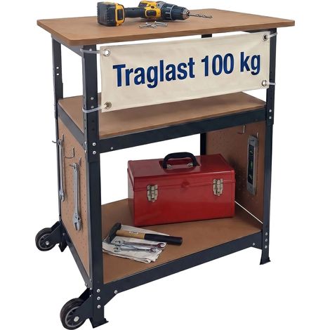 Relaxdays Werkbank, mit Rollen, HBT: 69,5x72,5x50 cm, höhenverstellbar, Werktisch mit Lochwand, Stahl & MDF, schwarz