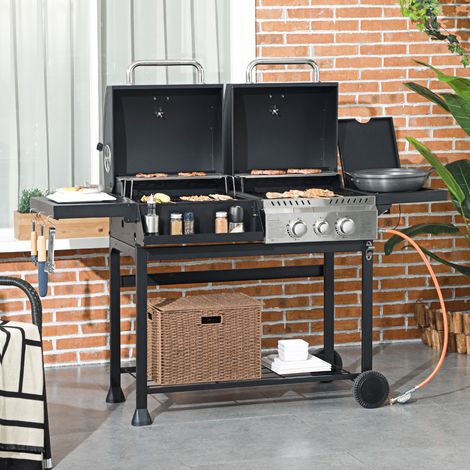 Barbecue gaz grill thermomètre plaques chauffantes 161x53x101cm, noir argent (1/4)