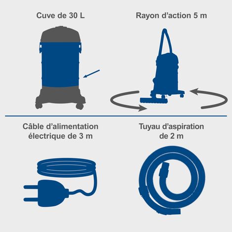 [JAMAIS UTILISE] Scheppach Aspirateur eau et poussières VC30V2 - 1200 W - cuve 30L - Tuyau d'aspiration 2 m - Facile à transporter - accessoires inclus