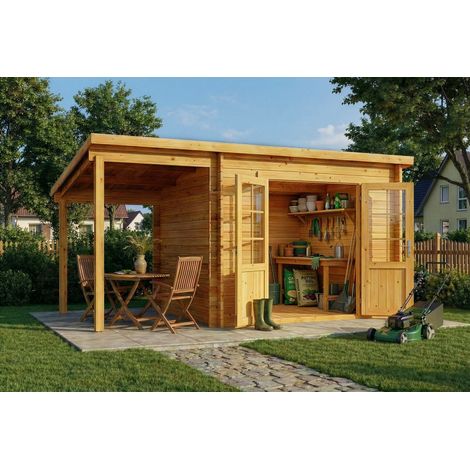 Alpholz Pultdach Gartenhaus Maria mit Schleppdach Gartenhaus aus Holz in Pinie, Holzhaus mit 40 mm Wandstärke inklusive Schleppdach, Blockbohlenhaus mit Montagematerial