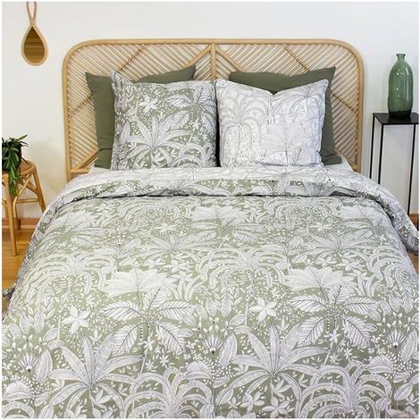 Parure de lit - CÔTÉ DÉCO - Floral et Tropical Vert - 220x240 cm - 100% coton - Motif végétal vert
