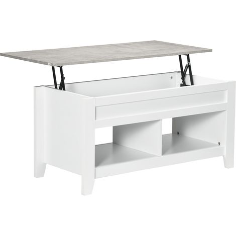 Höhenverstellbarer Couchtisch mit höhenverstellbarer Tischplatte, 2 offenen Fächern und 1 verstecktem Staufach, 105 x 50 x 49 cm, Weiß mit Marmoroptik