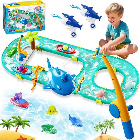 2 in 1 Outdoor Water Circuit for Kids with 2 Boats, 6 Animal Figures, 2 Water Guns and Fishing Function, Water Table Toy for Boys and Girls (1/5)