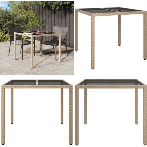 Table de jardin 90x90x75cm Verre trempé et résine tressée Beige - Table De Jardin - Mobilier De Jardin - Table Extérieure - Table En Résine Tressée - Table Rectangulaire - Home & Living (1/5)