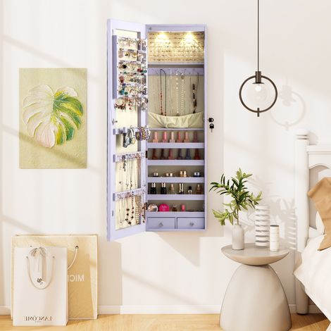Armoire à Bijoux avec Miroir et Lumière LED Multiples Rangements avec Crochets pour Porte 120 x 36 x 10 cm Violet (1/2)