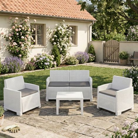 Dmora - Lounge-Set für draußen Vieste, Garten-Set mit 2 Sesseln, 1 Sofa und 1 Couchtisch, Rattan-Effekt mit Kissen, 100 % Made in Italy, Weiß, mit verstärkter Verpackung (1/3)