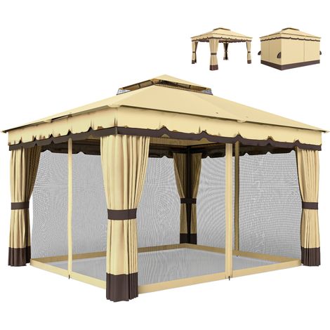 Outsunny cenador de jardín 3,7x3 m, pabellón de jardín con doble techo, 4 cortinas y mosquitera, marco de acero, orificios de drenaje, UV30+, beige